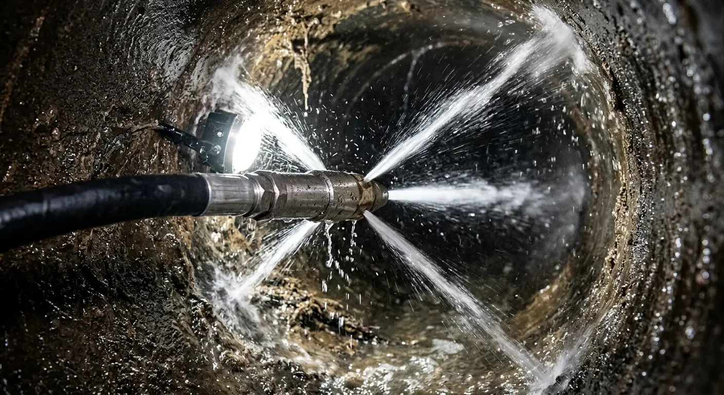 High-pressure hydro jetting nozzle cleaning sewer pipe for Emergency Drain Service in Esopus