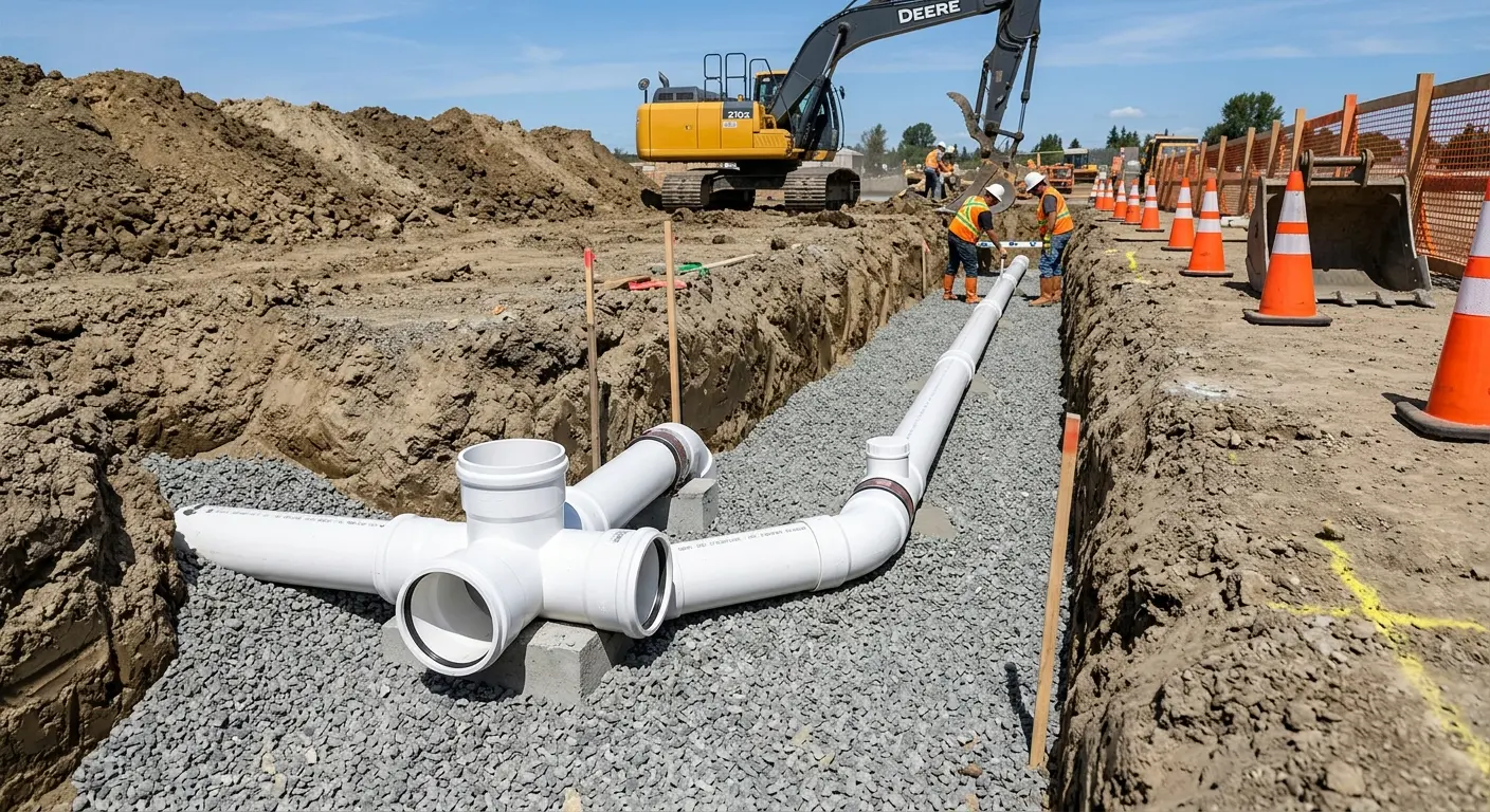 New PVC sewer pipe installation in open trench for Commercial Drain Cleaning in Esopus