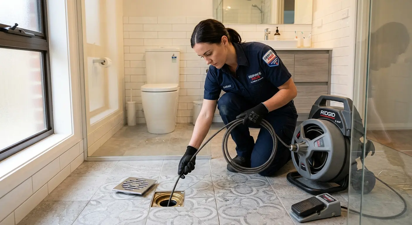 Technician clearing a bathroom floor drain for Sewer Line Replacement in Esopus